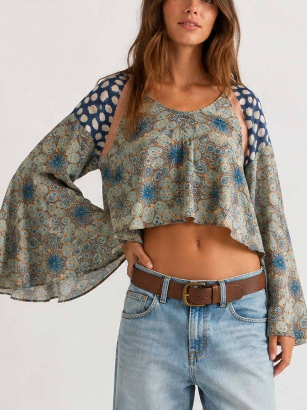 Free People Boho Patchwork Paisley Polka Dot Bell Sleeve Oversized Top XS